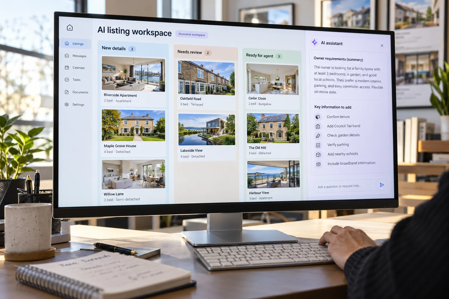 Illustrative property listing workspace with an AI assistant