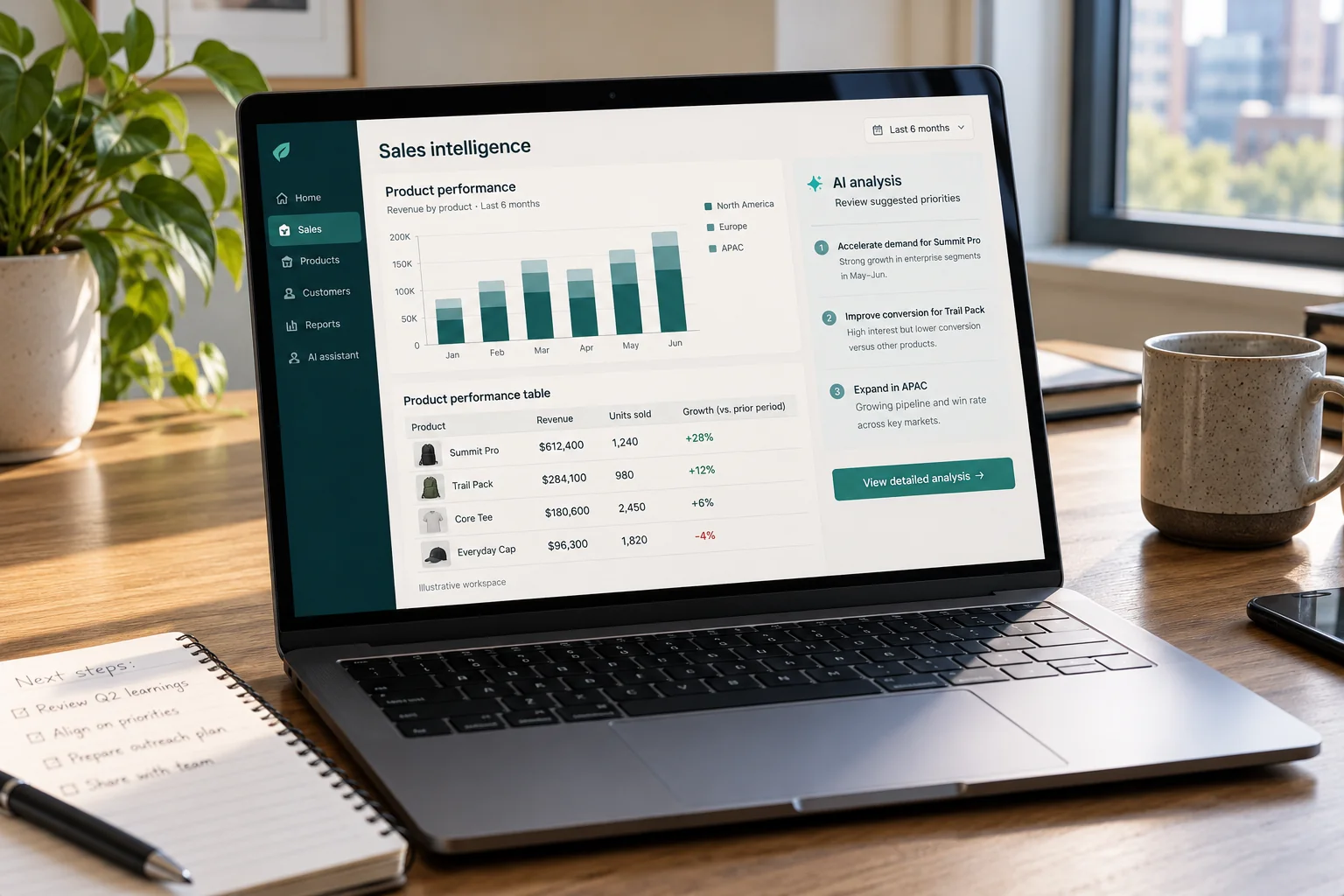 Illustrative AI sales analysis workspace on a laptop