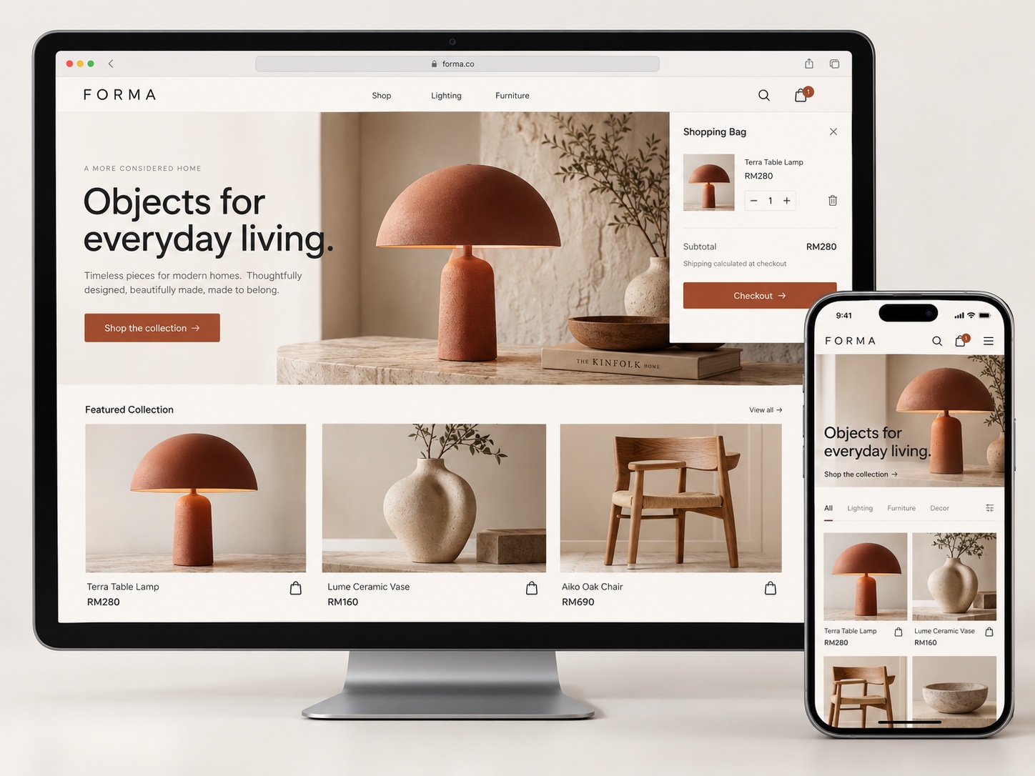 Homeware ecommerce website concept showing desktop and mobile storefronts, product prices and a shopping bag.